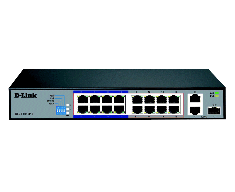 D-Link DES-F1016P-E | 16-port 10/100 Mbps Fast Ethernet switch | Smart PoE Management with Extended Reach