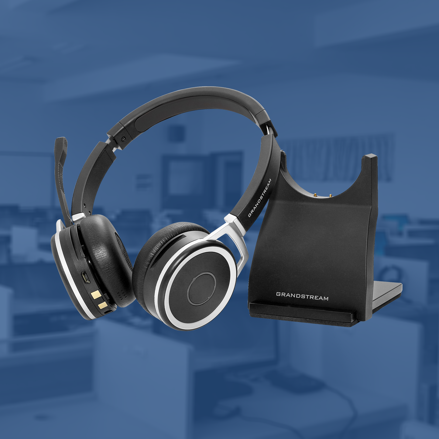 Grandstream GUV3050 | high performance wireless headset | HD Bluetooth Headset, Dual‑Device Pairing, Noise‑Canceling Mic, Busy‑Light, Includes Charging Base