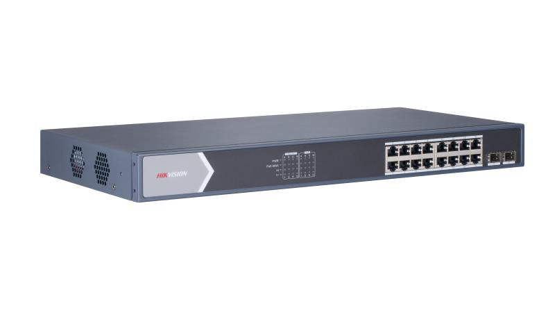 Hikvision DS-3E0518P-E/M | 16-port Gigabit unmanaged PoE switch | offers a robust and silent networking solution with high PoE power capacity