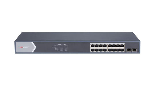 Hikvision DS-3E0518P-E/M | 16-port Gigabit unmanaged PoE switch | offers a robust and silent networking solution with high PoE power capacity